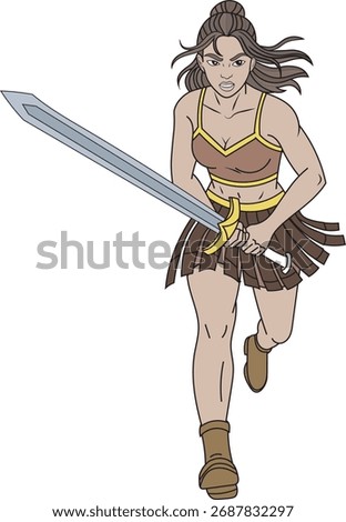 Dynamic female warrior charging with sword gladiator woman brown battle costume action pose strong heroine character illustration