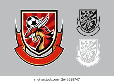 Dinâmico, feroz dragão emblema vetor. Ideal para futebol, esportes ou equipes esportivas. Incorpora poder, sabedoria e força. Perfeito para marca moderna em vestuário, mídia digital e mercadorias.