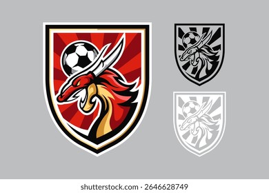 Dinâmico, feroz dragão emblema vetor. Ideal para futebol, esportes ou equipes esportivas. Incorpora poder, sabedoria e força. Perfeito para marca moderna em vestuário, mídia digital e mercadorias.