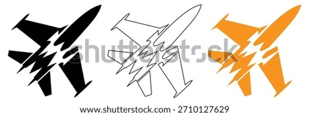 Dynamic fighter jet icon set in black, outline, and vibrant orange,Fighter jet icon vector. Logo Template illustration design,Fighter jet icon for mobile concept and web design.
