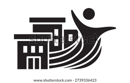 Dynamic figure soaring above a stylized building with curved lines Vector
