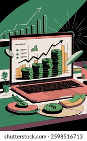 Dynamic Financial Dashboard Illustration Showcasing Growth Analytics and Money Management Techniques for Business Success