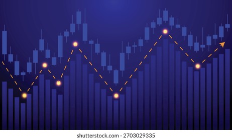 Gráfico financiero dinámico que muestra la tendencia al alza con indicadores brillantes sobre un fondo azul oscuro