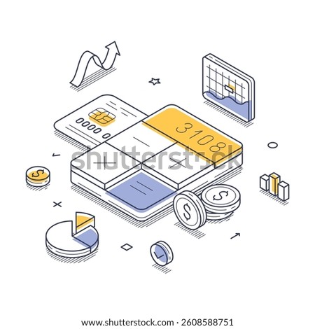 Dynamic financial scene where a calculator, charts, and coins highlight calculations and analytics in a modern workspace. It emphasizes digital finance. Modern vector isometric line illustration