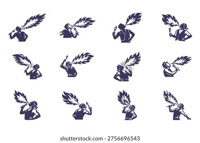 Dynamic Fire Breather Silhouettes Set on White for Entertainment and Shows