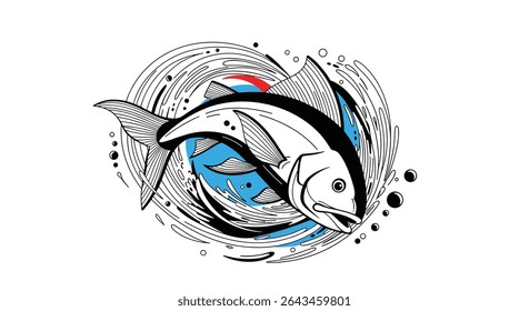 Dynamic Fish in Circular Motion Swimming Upstream Against the Current Artwork Illustration