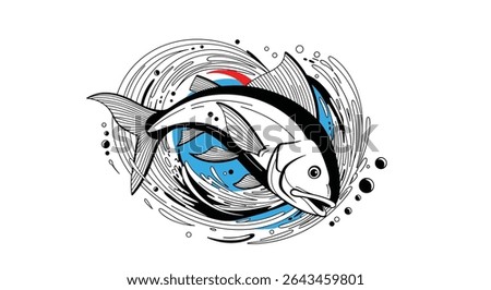 Dynamic Fish in Circular Motion Swimming Upstream Against the Current Artwork Illustration