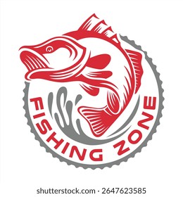 Emblema de zona de pesca dinâmica com um peixe saltando e letras negrito dentro de um design de borda circular decorativo