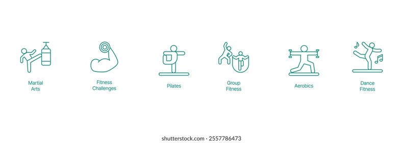 Dynamic Fitness Icon Set - Vector Illustrations for Martial Arts, Fitness Challenges, Pilates, Group Workouts, Aerobics, and Dance Fitness