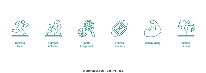 Dynamic Fitness Icon Set - Vector Illustrations for Running Gear, Outdoor Activities, Sports Equipment, Fitness Trackers, Bodybuilding, and Dance Fitness