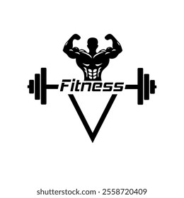 Dynamic Fitness Logo Featuring Muscular Silhouette and Barbell Design.