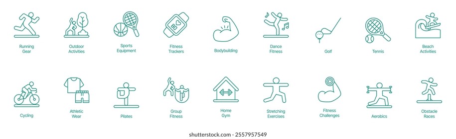 Dynamic Fitness and Outdoor Activities Icon Set - Vector Illustrations for Running Gear, Outdoor Activities, Sports Equipment, Fitness Struggles, Bodybuilding, Dance Fitness, Golf, Tennis 