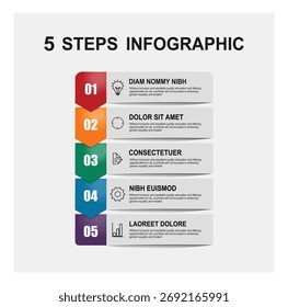 Um infográfico dinâmico de cinco etapas com uma sequência vertical codificada por cores com ícones e texto de espaço reservado. Ideal para negócios, treinamento e apresentações.
