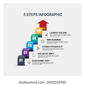 Una infografía dinámica de escalera de cinco pasos con segmentos numerados e iconos que representan pasos progresivos hacia el crecimiento.