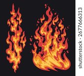 Dynamic flames in bold colors swirl dramatically showcasing a blend of orange yellow and red. The flames rise against a dark backdrop creating a striking visual contrast.