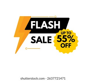 Dynamic "Flash Sale" banner with a striking lightning bolt, promoting impressive savings of up to 55% off. Ideal for high-impact e-commerce campaigns and attracting customers.