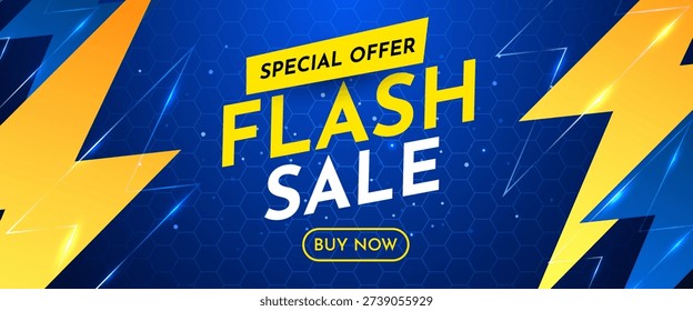 Dynamic Flash Sale Special Offer Banner. Vibrant promotion with lightning on a blue background. Vector illustration.