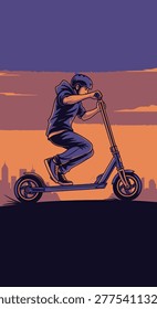 Dynamic flat design vector of a skateboarder mid-trick against a vibrant sunset backdrop with a city skyline. Ideal for sports marketing, urban lifestyle campaigns, and youth culture content.