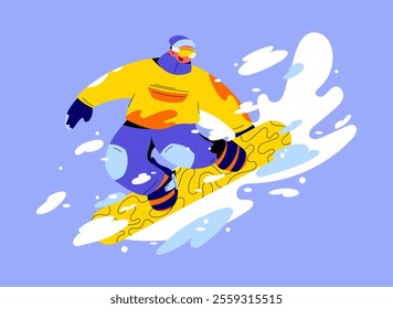 Dynamic flat illustration of a snowboarder in action, dressed in bright winter gear and surrounded by snow splashes. Perfect for winter sports promotions, adventure themes, and seasonal projects