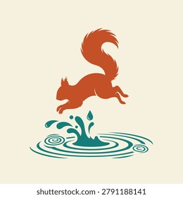 Dynamic flat style illustration of a red squirrel leaping over water, capturing energy and movement for environmental or outdoor adventure brands.