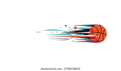 Una Ilustración vectorial plana dinámica de una pelota de baloncesto que vuela a alta velocidad con coloridos senderos de movimiento abstracto azul y naranja.
