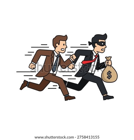 Dynamic flat vector illustration depicting a chase scene between a businessman and a thief carrying a money bag. Ideal for finance, security, and corporate strategy contexts.