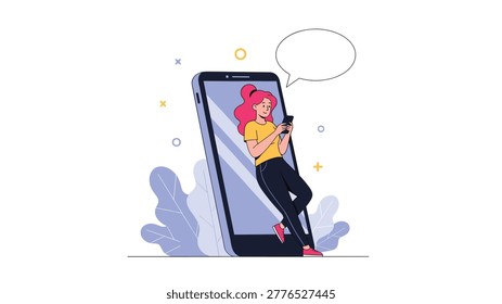 Dynamic flat vector illustration showcasing a smiling woman with vibrant pink hair, leaning against an oversized smartphone and actively engaging with her device.