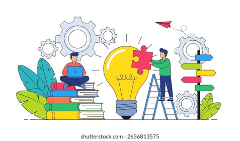 Dynamic flat vector illustration showing business innovation and problem-solving. Figures collaborate to complete a lightbulb puzzle, surrounded by gears, books, and direction signs