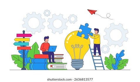 Dynamic flat vector illustration showing business innovation and problem-solving. Figures collaborate to complete a lightbulb puzzle, surrounded by gears, books, and direction signs