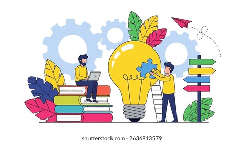 Dynamic flat vector illustration showing business innovation and problem-solving. Figures collaborate to complete a lightbulb puzzle, surrounded by gears, books, and direction signs
