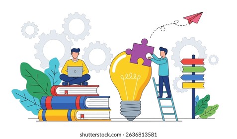 Dynamic flat vector illustration showing business innovation and problem-solving. Figures collaborate to complete a lightbulb puzzle, surrounded by gears, books, and direction signs