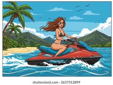 Dynamic flat vector illustration of a woman riding a jet ski on a vibrant tropical sea, surrounded by palm trees and mountains. Perfect for summer sports and healthy recreation	