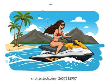 Dynamic flat vector illustration of a woman riding a jet ski on a vibrant tropical sea, surrounded by palm trees and mountains. Perfect for summer sports and healthy recreation	