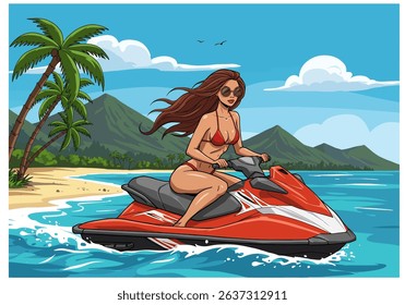 Dynamic flat vector illustration of a woman riding a jet ski on a vibrant tropical sea, surrounded by palm trees and mountains. Perfect for summer sports and healthy recreation	