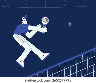 A dynamic flat-style vector illustration of a padel player in mid-air hitting a shot during a match. The character is wearing a sports uniform with a cap and holding a perforated padel racket, with a 
