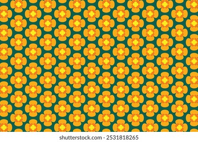 A dynamic floral pattern background in green, yellow, and orange showcases a vibrant mix of colors. The warm tones and cool green create a lively design, adding brightness and depth to the flowers.