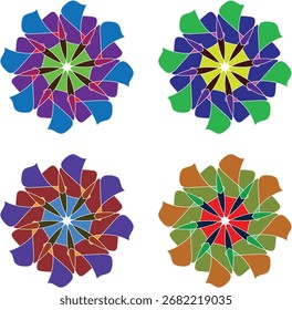 A dynamic floral pattern featuring layered petal shapes in blue, green, purple, and brown hues, perfect for decorative elements, visual identity, and artistic applications.