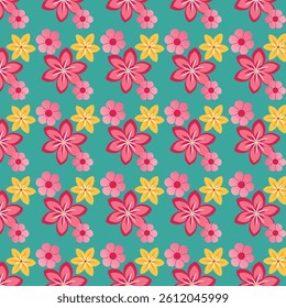 Dynamic Floral Pattern with Vibrant Pink, Yellow, and Red Blooms