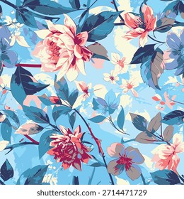 Padrão floral dinâmico com flores vívidas em fundo azul abstrato
