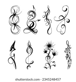 Dynamic Floral Tattoo Set: Abstract Motion Forms, Expressive Calligraphy, Elegant Figures, Minimalistic Brushstrokes, Spiraling Groups, Elongated Figures, and Iconic Motifs.