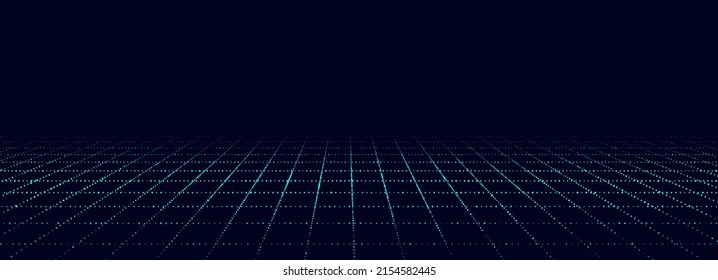 Dynamic flow of digital particles. Perspective grid of interlaced dots. Network connection structure. Big data visualization. Vector illustration.