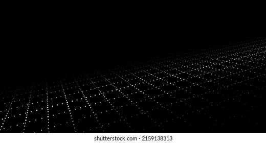  Dynamic flow of digital particles. Perspective grid of interlaced dots. Network connection structure. Big data visualization. Vector illustration.