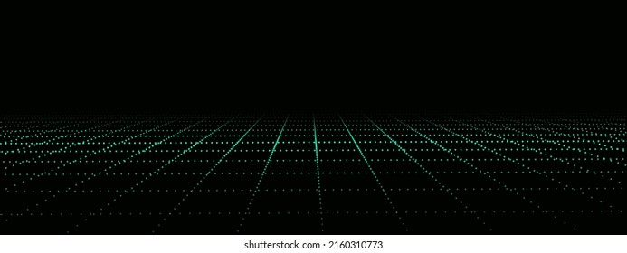 Dynamic flow of digital particles. Perspective grid of interlaced dots. Network connection structure. Big data visualization. Vector illustration.