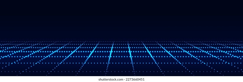 Dynamic flow of shine blue digital particles. Perspective grid of glowing interlaced dots. Network connection structure. Big data visualization. Vector illustration.