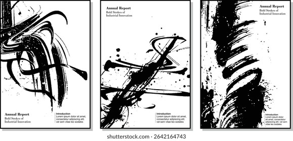 Dynamic flowing ink abstract brushstroke triptych, a black and white, vector illustration