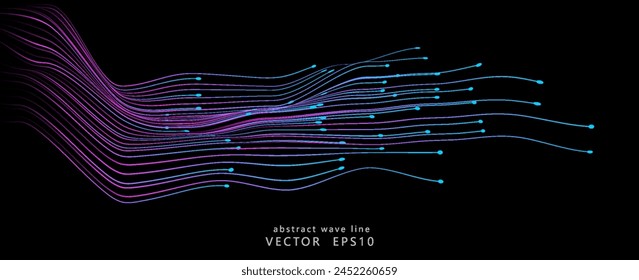 Dynamic flowing vector wave lines in blue green color isolated on black background for technology, digital, communication, science, music concepts