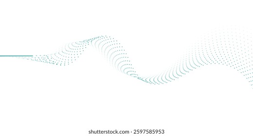 A dynamic, flowing wave pattern created from small teal dots against a pure white backdrop.