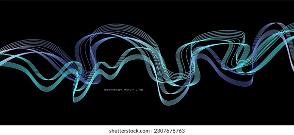 Dynamic flowing wavy abstract light line vector in blue green color isolated on black background for tech concepts AI, digital, communication, 5G, science, music