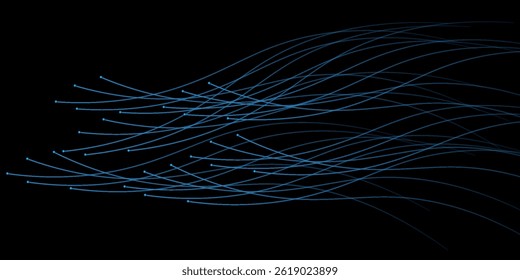 Dynamic flowing wavy vector abstract light lines in blue green color isolated on black background for AI technology concept eps 10