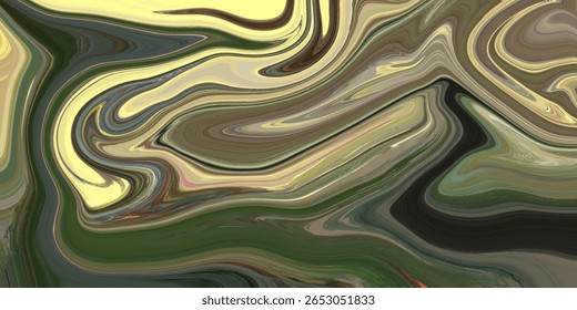 Arte abstrata dinâmica fluida com tons terra de verde, marrom e amarelo. As linhas retorcidas criam uma textura marmoreada hipnotizante, perfeita para usos artísticos e de design.